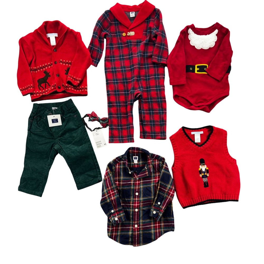 Janie and Jack‎ Boys Christmas Lot of 7 Size 6-12M Red Green Plaid Corduroy